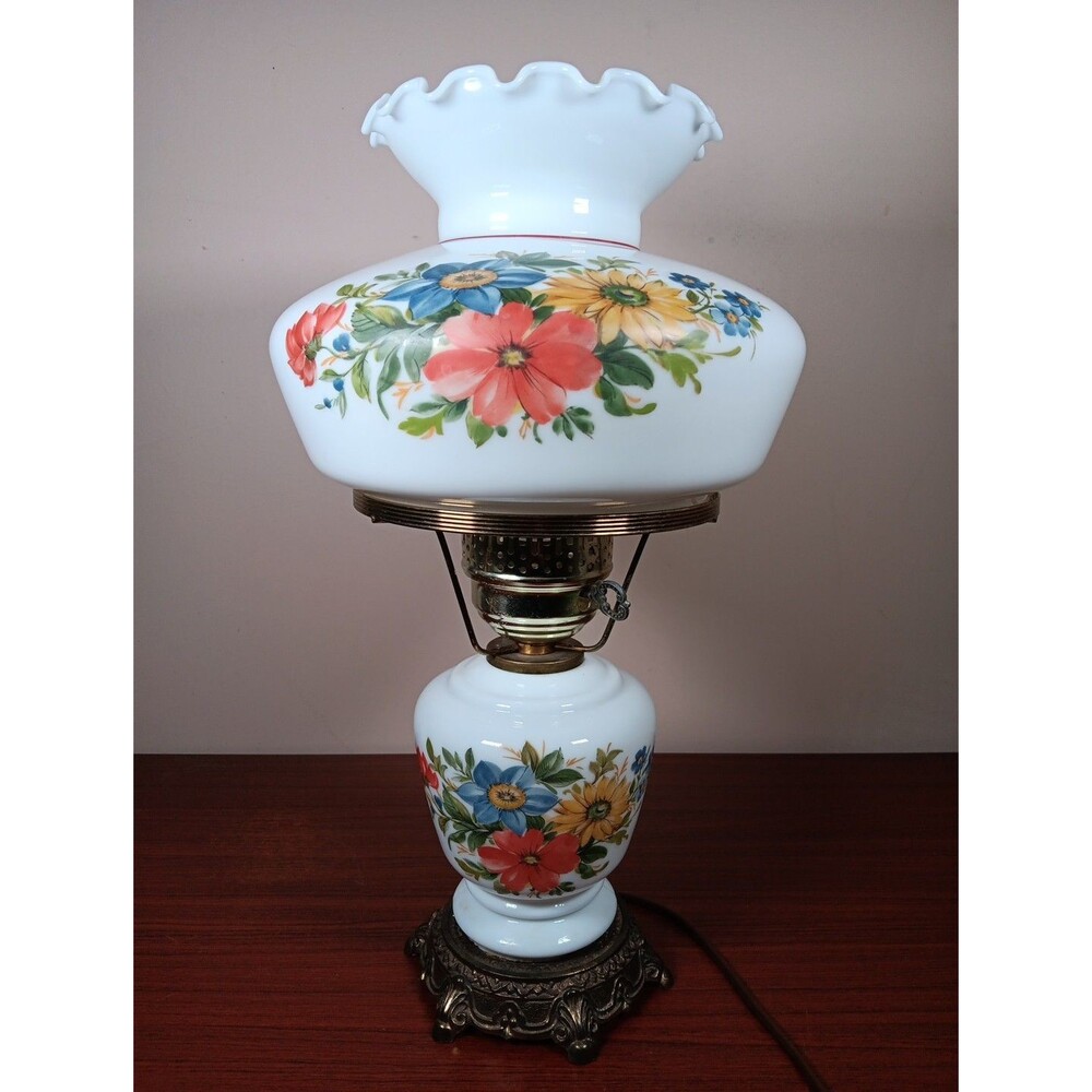 Gone With The Wind Hurricane Parlor Lamp 3-Way Electric Floral Glass Brass